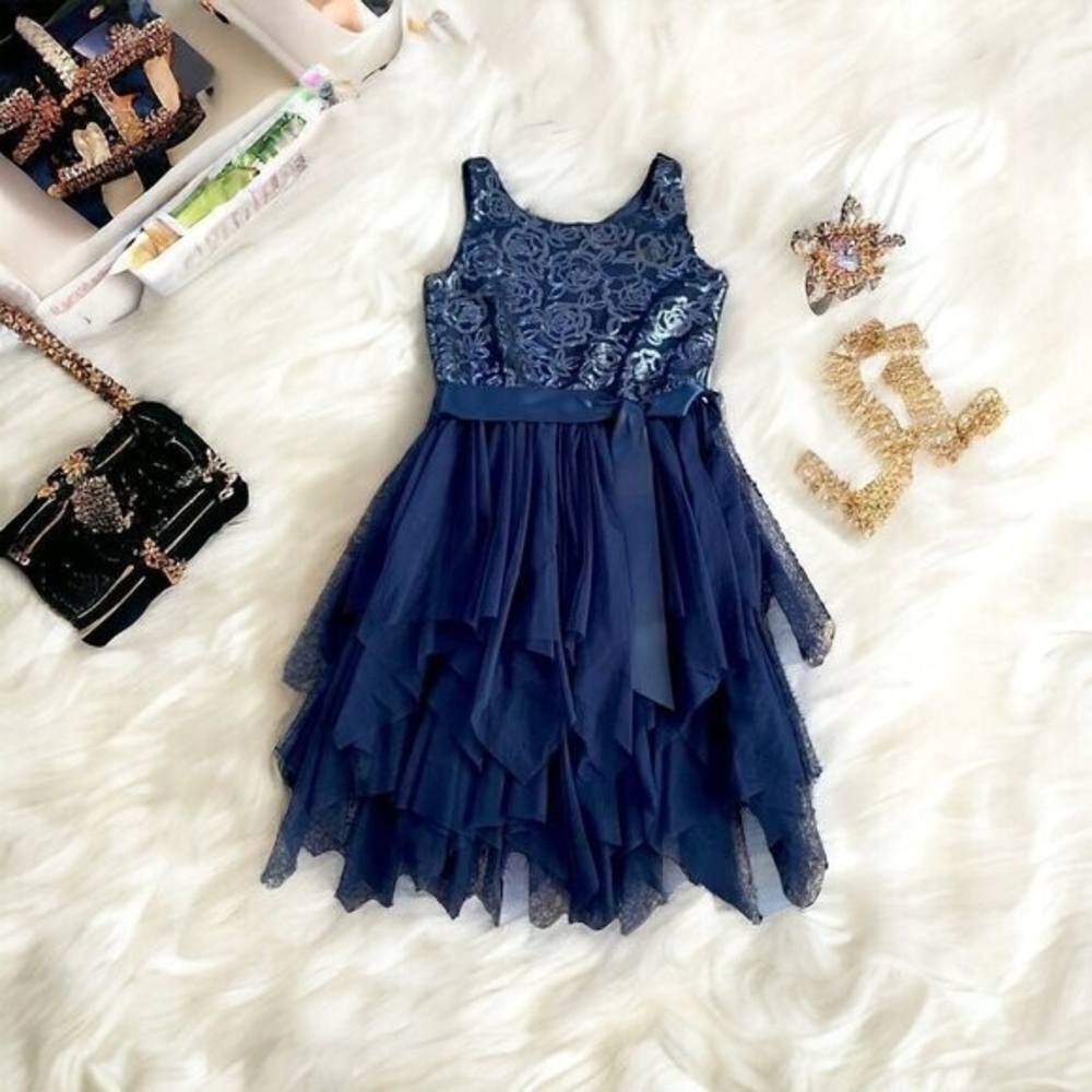 Zunie Navy Blue Sequin Top Ruffle Tulle Skirt Dress Bow Front Girls Size 8 NWT - Picture 2 of 6